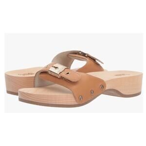 Dr. Scholls The Original Sandals Womens Size 8 Tan Leather Natural Wood Platform